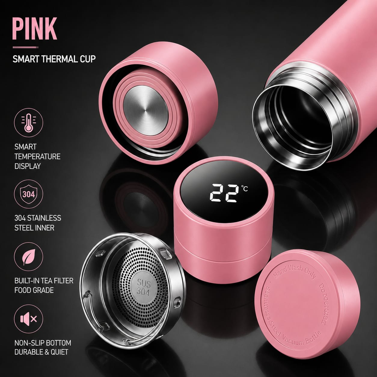 500ML LED Temperature Display Bottle, 304 Stainless Steel Thermos with Double Bottom, Smart Vacuum Insulated Water Bottle