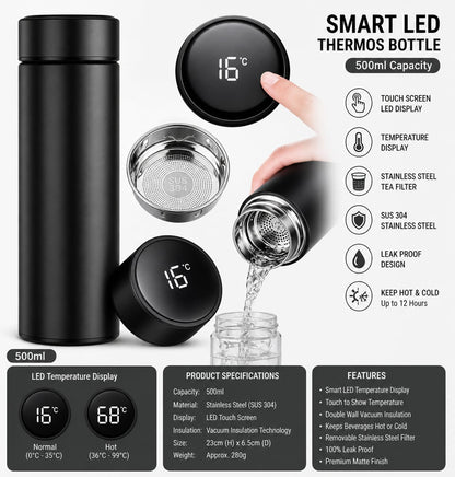 500ML LED Temperature Display Bottle, 304 Stainless Steel Thermos with Double Bottom, Smart Vacuum Insulated Water Bottle