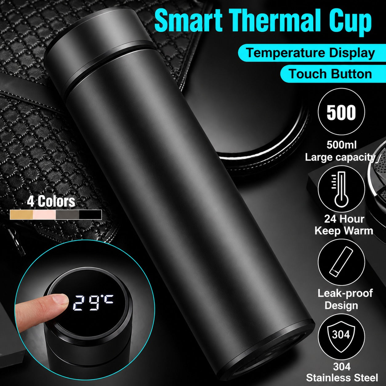 500ML LED Temperature Display Bottle, 304 Stainless Steel Thermos with Double Bottom, Smart Vacuum Insulated Water Bottle