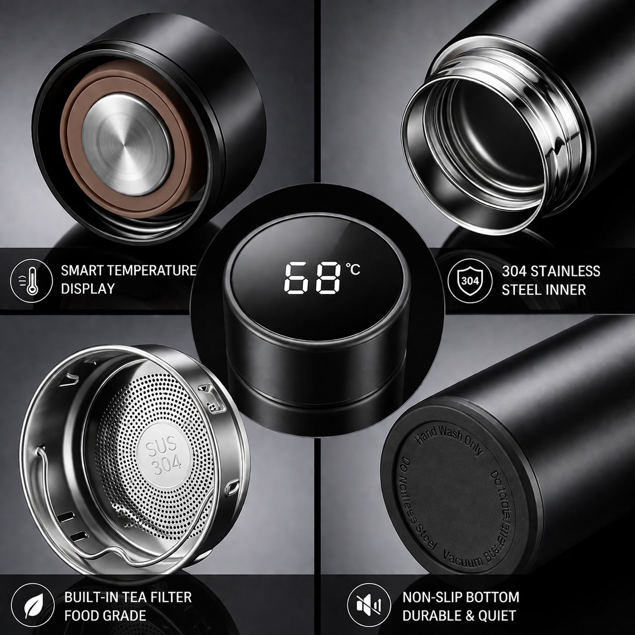 500ML LED Temperature Display Bottle, 304 Stainless Steel Thermos with Double Bottom, Smart Vacuum Insulated Water Bottle