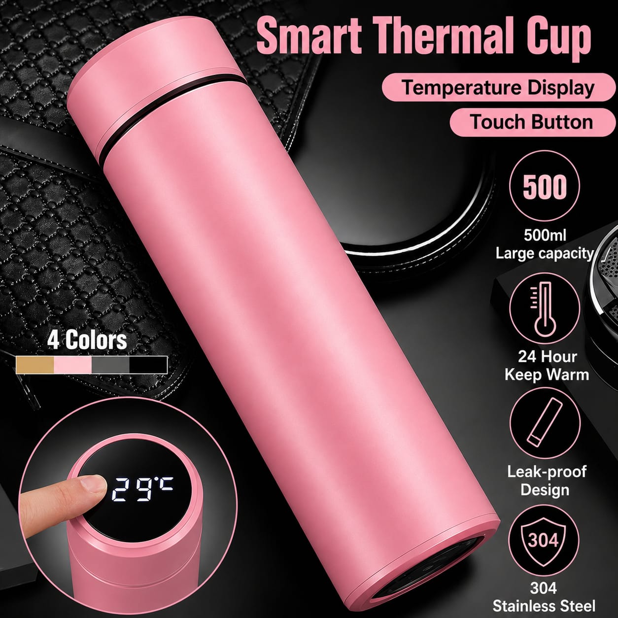 500ML LED Temperature Display Bottle, 304 Stainless Steel Thermos with Double Bottom, Smart Vacuum Insulated Water Bottle
