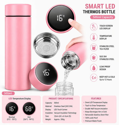 500ML LED Temperature Display Bottle, 304 Stainless Steel Thermos with Double Bottom, Smart Vacuum Insulated Water Bottle